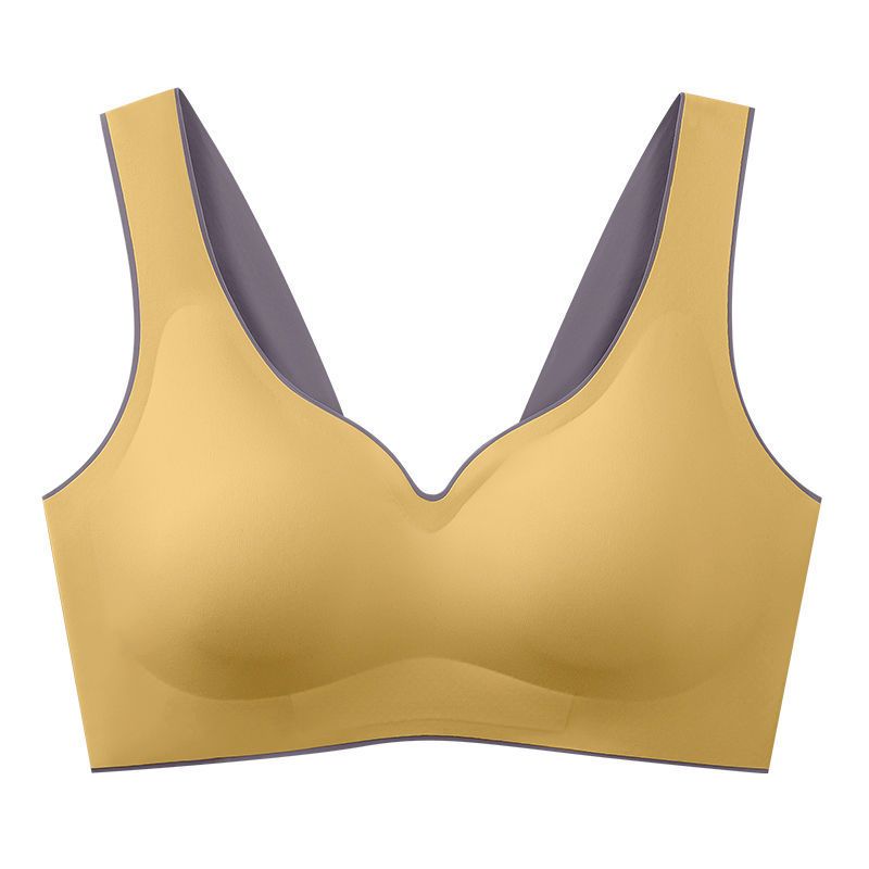 撞色系列泰国乳胶内衣女无钢圈胸罩聚拢收副乳无痕美背背心式文胸 黄色[撞色宽肩] M[90-110斤]75ABC