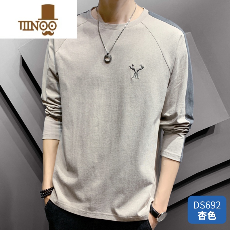 YANXUt恤男长袖潮牌春装打底衫男生简单款秋衣刺绣圆领体恤T 3XL 杏色