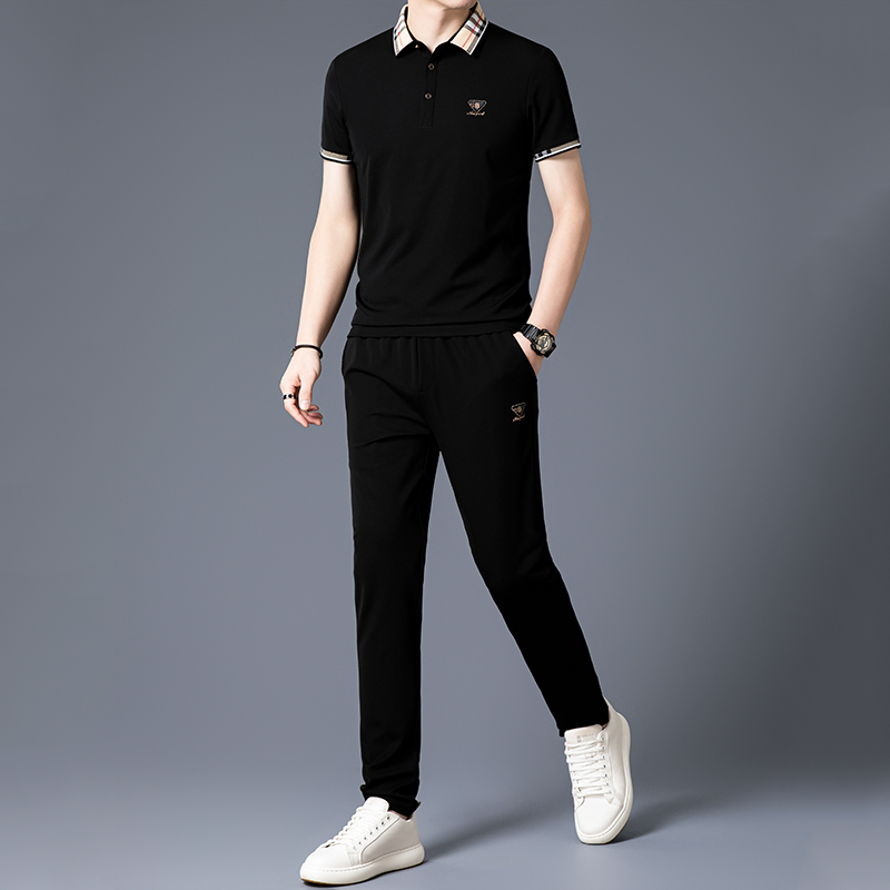 恒源祥高端桑蚕丝男士休闲运动套装男款短袖冰丝翻领搭配气质夏装高清大图