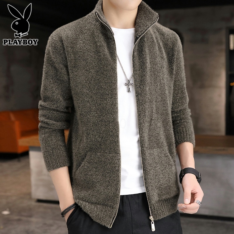 花花公子开衫毛衣男士立领夹克外套2025年春季新款水貂绒针织0新高清大图