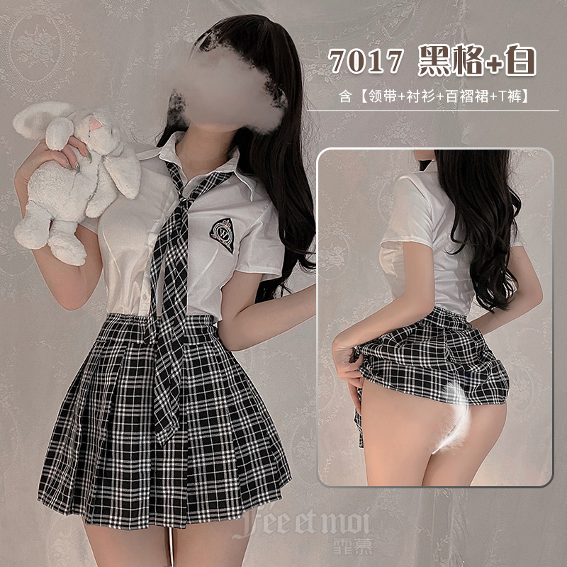霏慕性感情趣内衣可爱校园睡衣制服午夜魅力调床上套装学院风格子JK制服套装女式情趣睡衣7017 7017黑格+白【领带+衬衫+百褶裙+T裤】 均码
