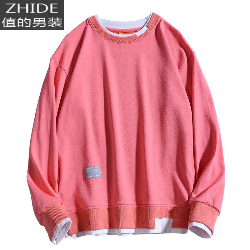 suntek秋冬新款日系百搭复古简约假两件卫衣男生潮牌宽松拼色套头情侣