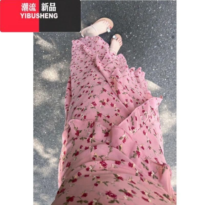 YIBUSHENG法式茶歇碎花吊带连衣裙子女收腰气质设计感小众荷叶边中长裙季图片