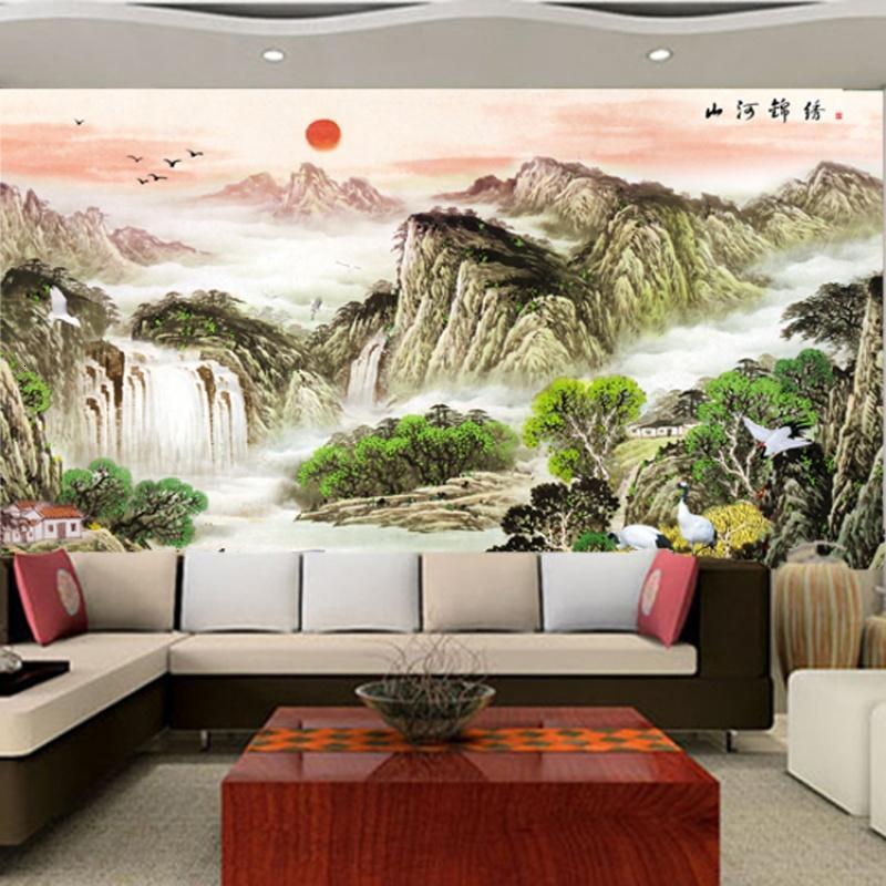 无缝壁画无纺布壁纸墙纸3D电视背景墙客厅沙卧室中式山水聚宝盆壹德壹