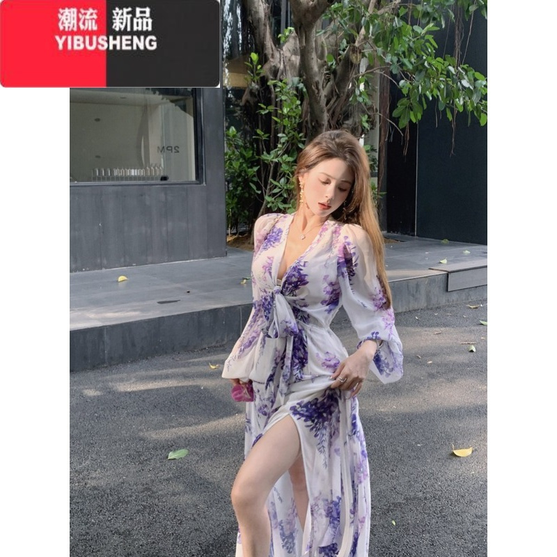 YIBUSHENG紫色碎花绑带长袖连衣裙女季紫藤花气质雪纺长裙v领开叉a字裙子
