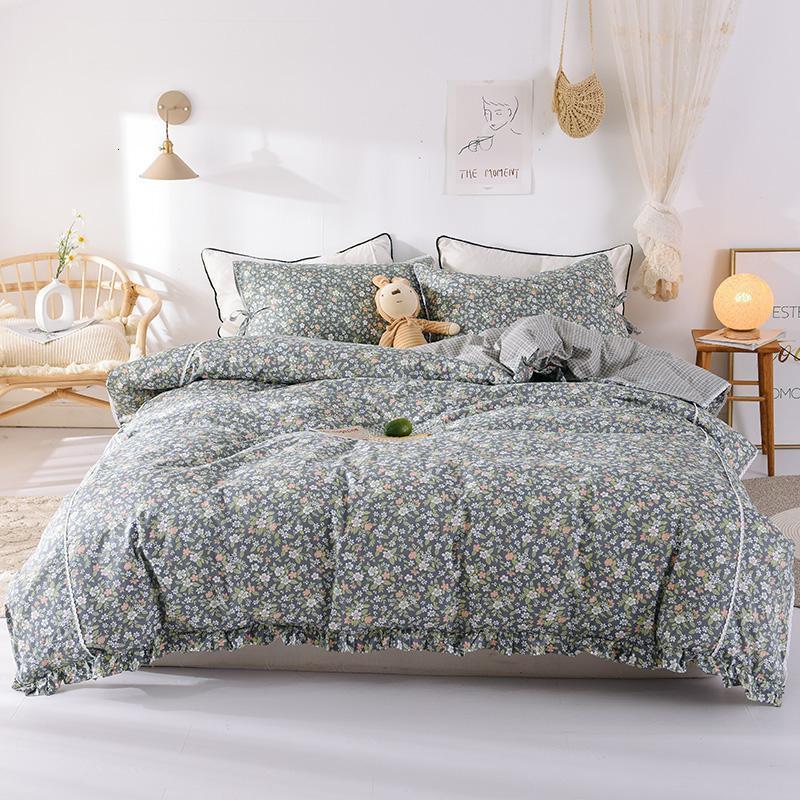小碎花四件套全棉纯棉田园简约小清新床上用品床单床笠被套三件套_875 1.5m床（床单款四件套）【适合200*230cm被芯】 全棉小碎花-悠悠花海-灰