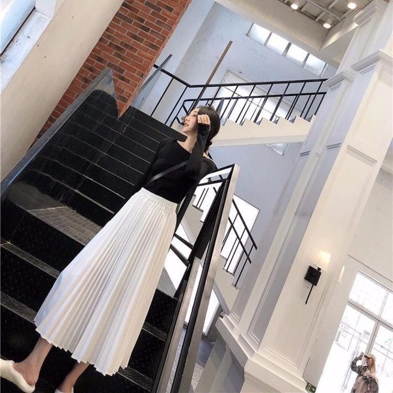 2021春夏高腰大摆裙A字裙白色中长款仙女裙百褶裙半身裙褶皱长裙 白色 均码 腰围1尺8伸到2尺3