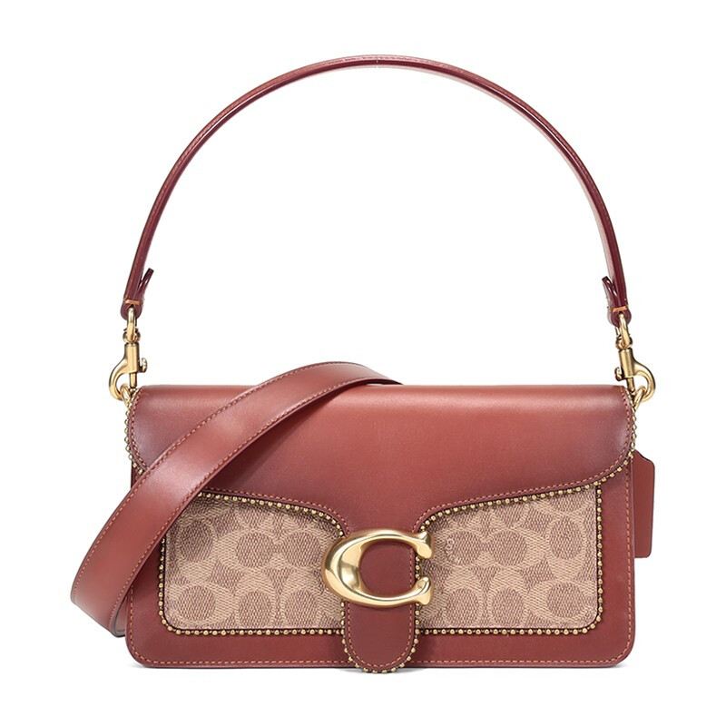 COACH女包蔻驰包包Tabby系列酒神包哈顿小方包奢侈品专柜款牛皮单肩斜挎包珠帘棕色拼卡其6793 B4NQ4