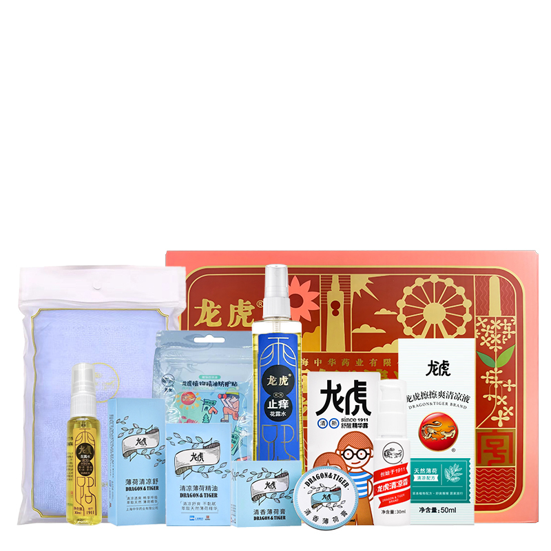 龙虎清凉10件套 清凉精油 薄荷膏 清凉舒精华露清凉霜清凉液植物精油防护贴黄柏花露水止痒花露水 全棉纯色毛巾
