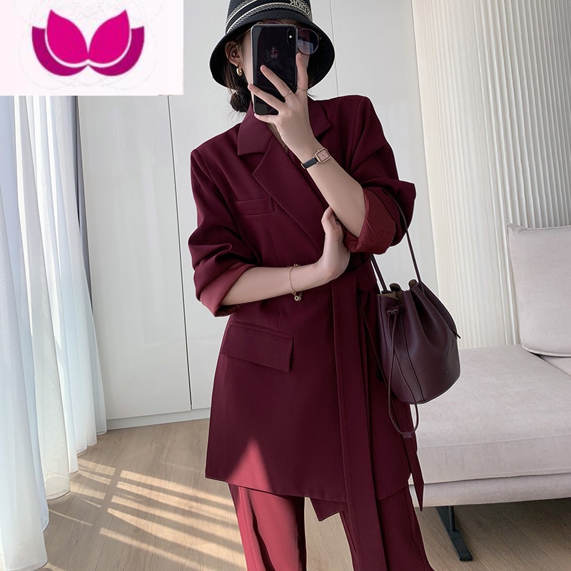 七斓休闲西装外套女2023春季新款系带收腰显瘦微喇开叉裤洋气套装高清大图