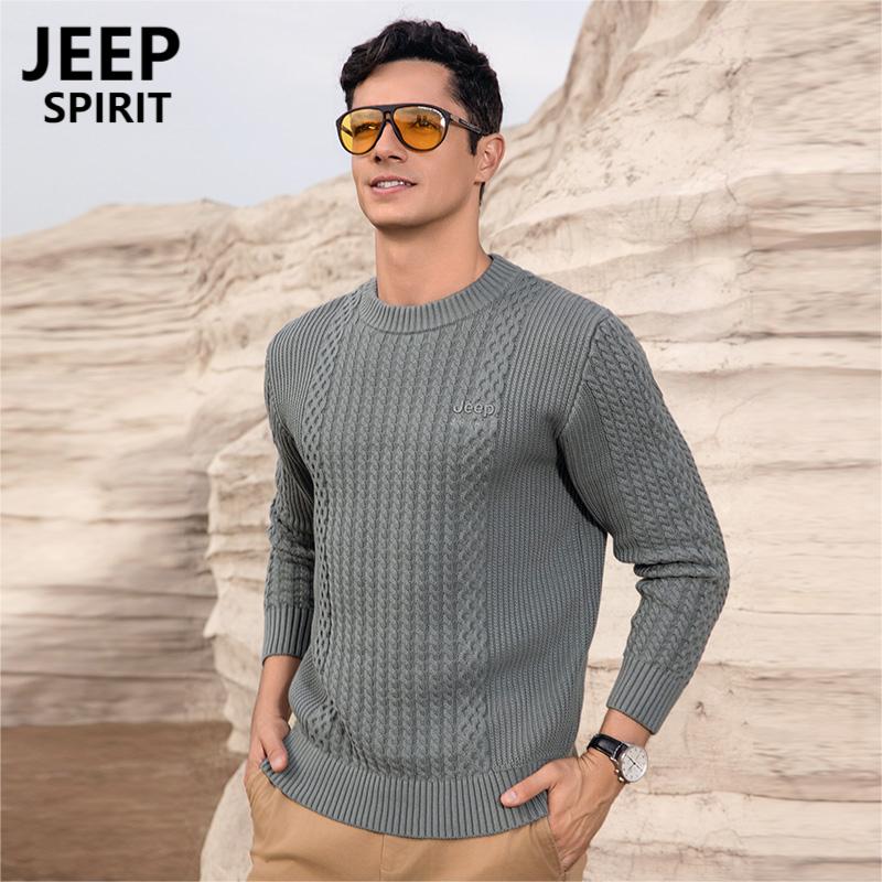 JEEP SPIRIT吉普男士纯棉毛衣秋季圆领针织上衣新款宽松保暖套头时尚全棉毛衫