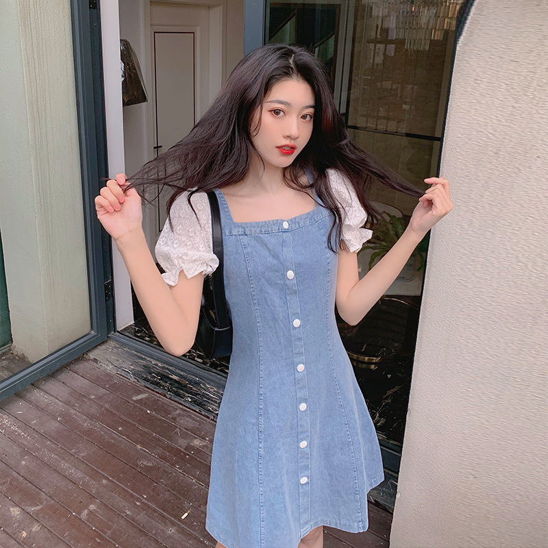 美动态大码女装蕾丝袖拼接牛仔连衣裙2022新款胖mm藏肉显瘦牛仔裙
