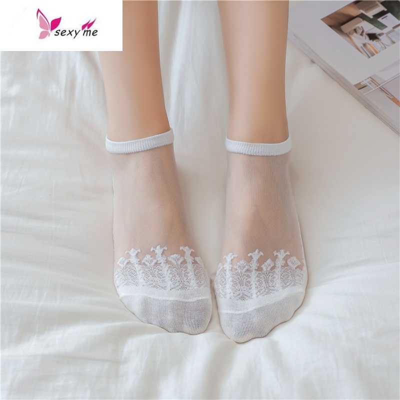 日系短袜子女薄款透明水晶丝袜韩国可爱蕾丝浅口隐形船袜 fish basket