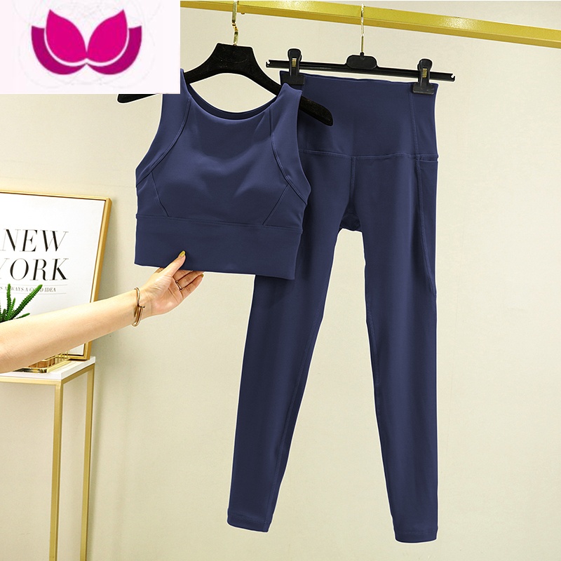 七斓高领防走光瑜伽服套装女健身房轻奢高级感时尚遮肉专业运动跑步服 海军蓝胸衣+海军蓝裤子 S码建议84斤-99斤