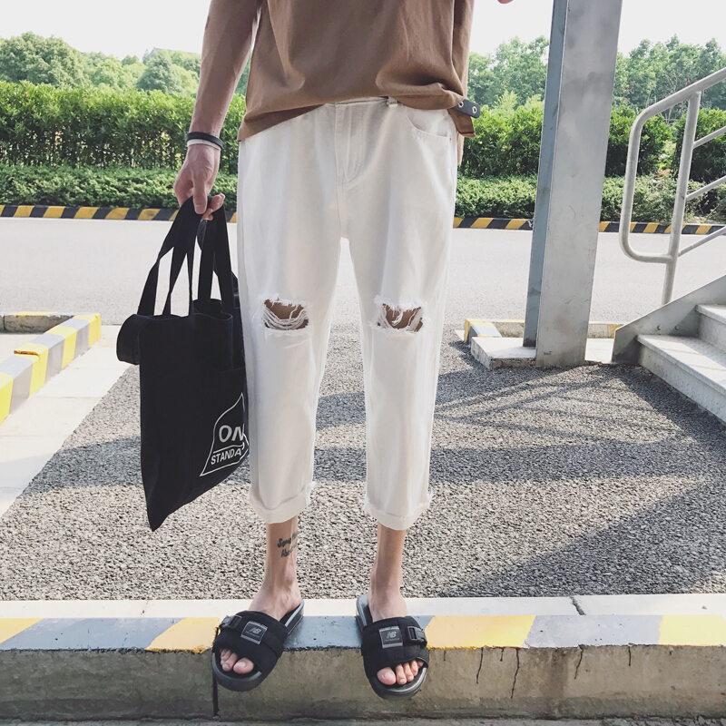 夏季破洞七分裤男宽松韩版7分哈伦裤男学生潮流八分裤休闲裤子男8