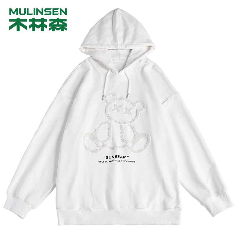 [直营]木林森(MULINSEN)秋冬新款潮牌同色立体植绒小熊情侣连帽卫衣男户外休闲衣