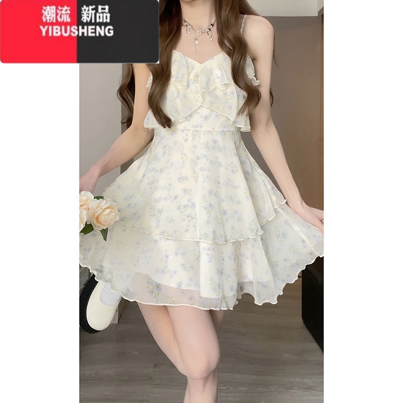 YIBUSHENG温柔奶系荷叶边碎花连衣裙2024新款茶歇法式海边度假吊带裙子裙高清大图