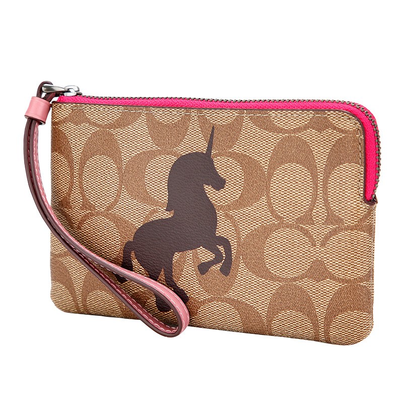 coach蔻驰奢侈品欧美时尚经典女士卡其色人造革短款手拿包零钱包f7