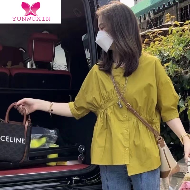 YUNWUXIN短袖衬衫女夏季2022新款别致漂亮小衫收腰衬衣设计感小众上衣