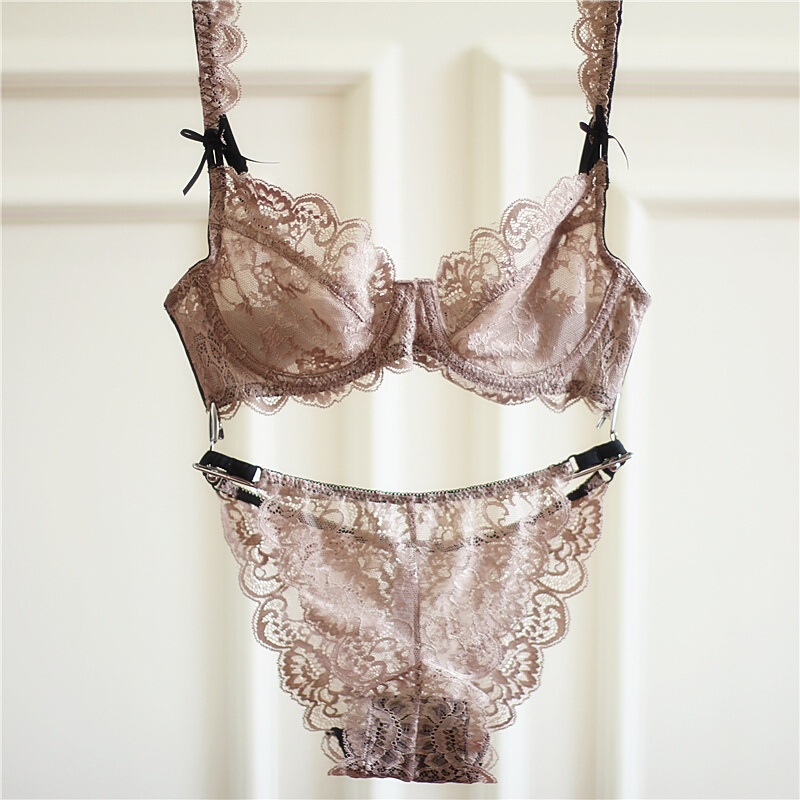 欧美女有钢圈内衣文胸罩超薄性感蕾丝刺绣透明少女宫廷套装夏日视频