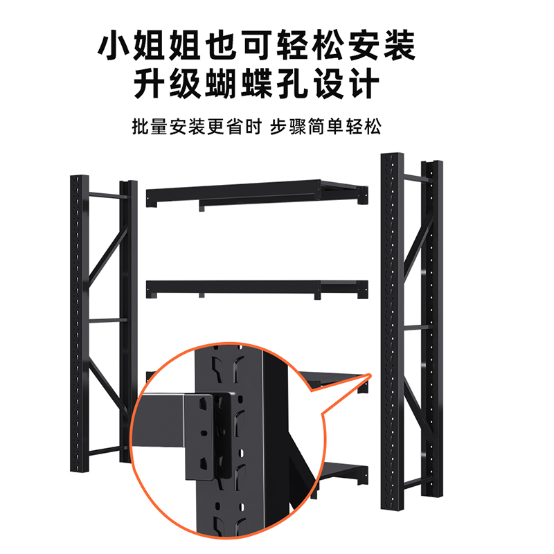 绵冠 黑色货架加粗加厚轻松安装仓储置物架 200*50*200承重200kg 5层高清大图