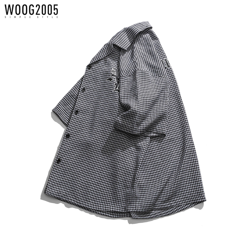 WOOG2005 夏季格子字母印花衬衫短袖男外穿休闲宽松潮流短袖衬衣