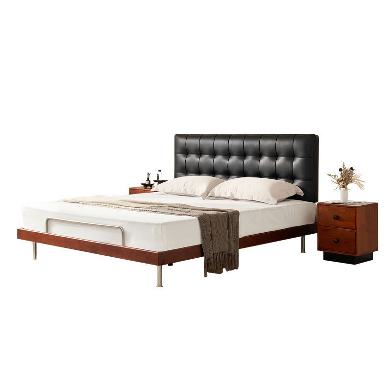 实木床超薄床华夫格包豪斯高脚床双人床主卧床卧室床婚床皮艺软包床 1.8*2.0米 全拆驼绒独立袋床垫【2面可睡3睡感】