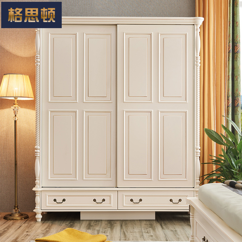 格思顿家具 衣柜推拉门 卧室实木趟门衣柜 美式木质滑门衣柜组装储物