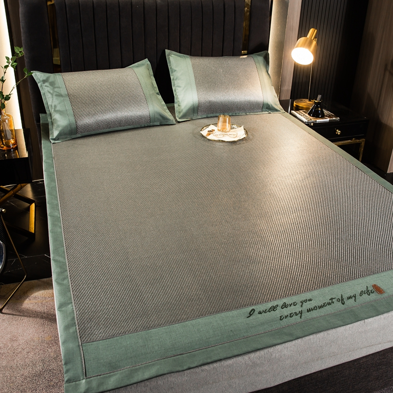 品质刺绣款提花冰藤凉席冰丝席1.5m/1.8m可水洗折叠软席子夏季空调席三件套