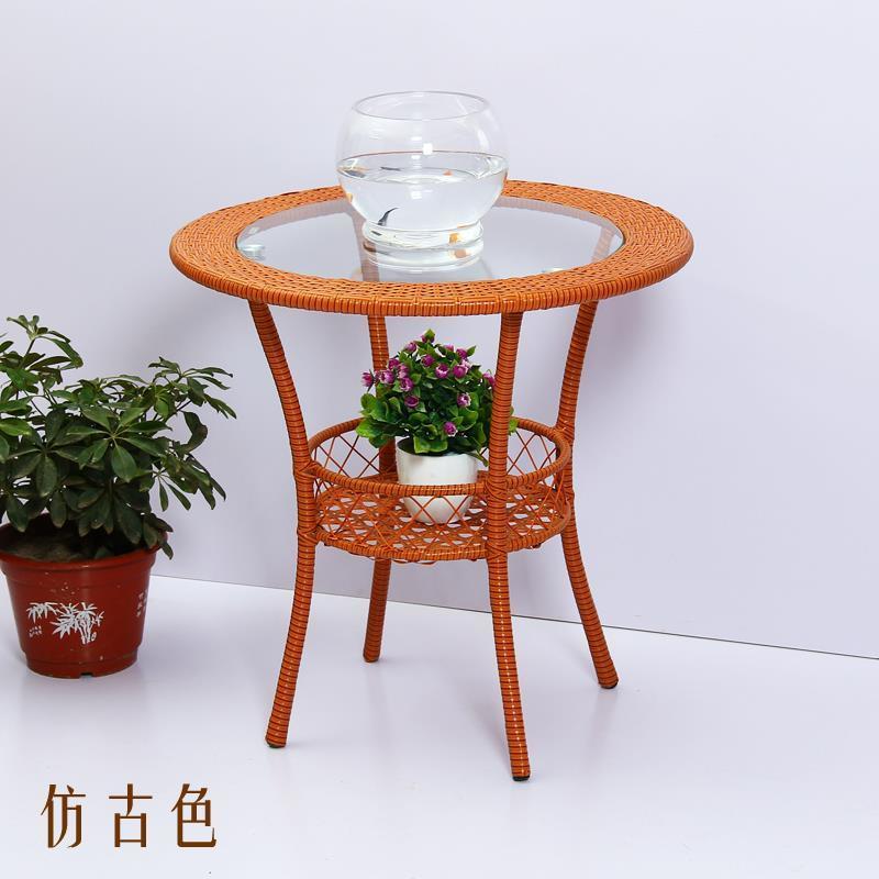特价简约现代阳台储物小圆桌藤编玻璃茶几圆形庭院小茶几休闲桌子