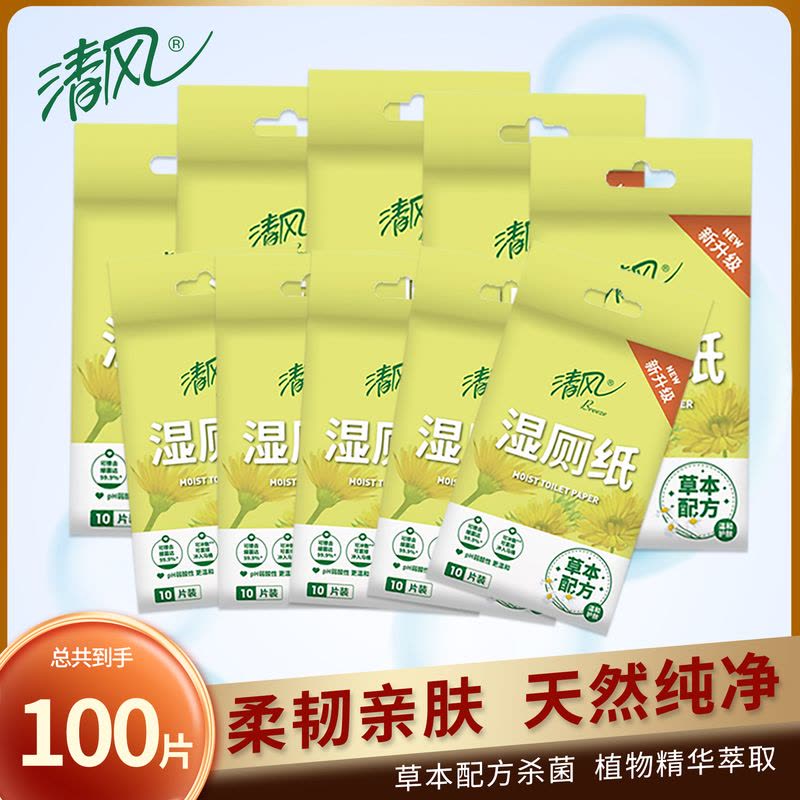 清风湿厕纸便携装小包100片10包湿厕巾擦屁股湿卫生纸图片