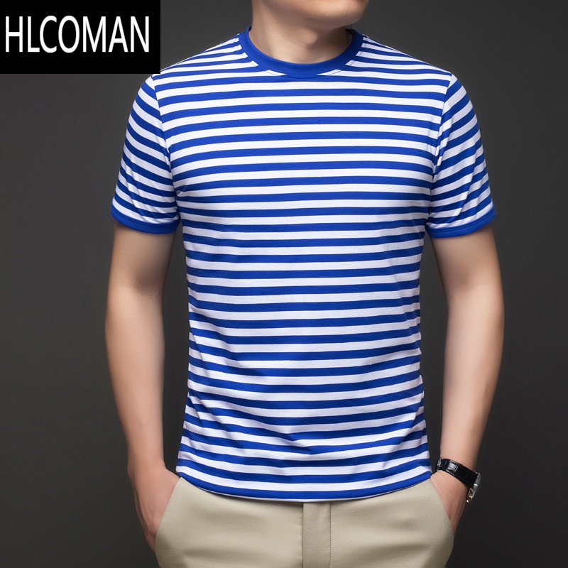 HLCOMAN夏季海魂衫男士短袖t恤蓝白条纹演出服半袖情侣装圆领水手服