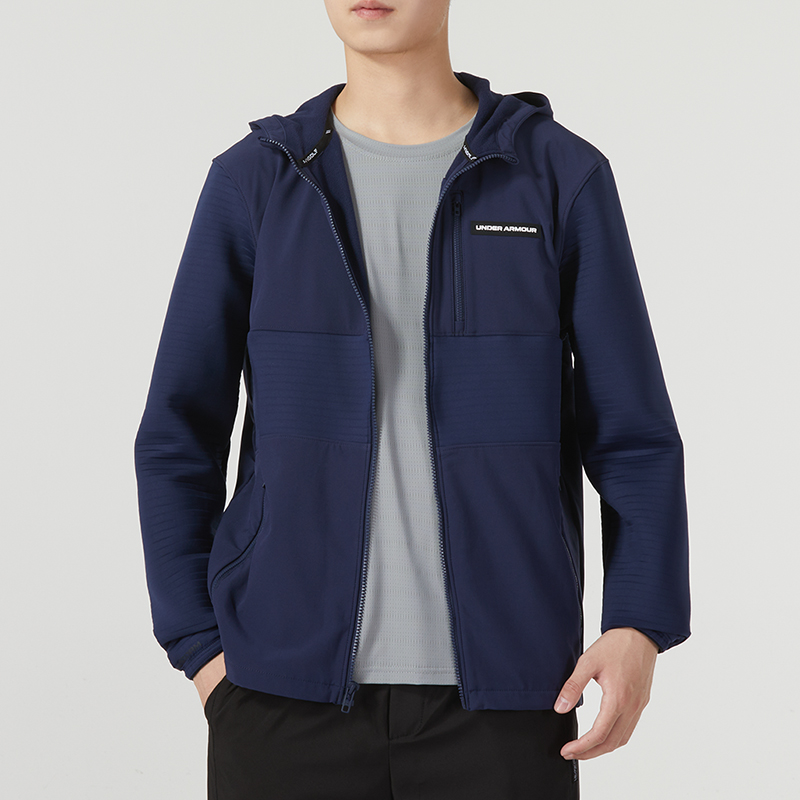 安德玛(UNDERARMOUR)男装新款抓绒内衬保暖防风运动服舒适连帽外套梭织夹克1379722-410 ZP 1379722-410/蓝色 3XL