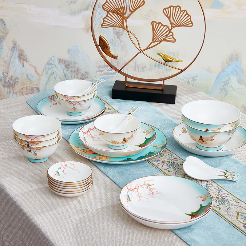 共禾京品 福禄贺喜餐具套装碗碟骨瓷27头餐具 风高温釉餐具礼盒