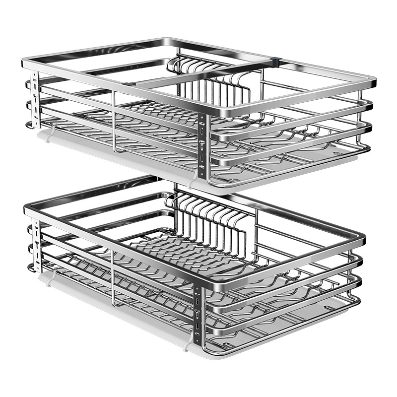 拉篮厨房橱柜304不锈钢双层抽屉式碗碟架柜内收纳调味料碗篮高清大图