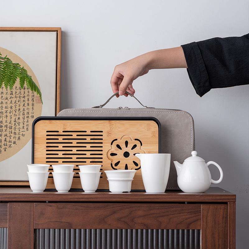 羊脂玉瓷旅行功夫茶具套装便携快客茶壶茶杯茶盘商务节日礼品-龙胆玉瓷壶/手提包/白高清大图