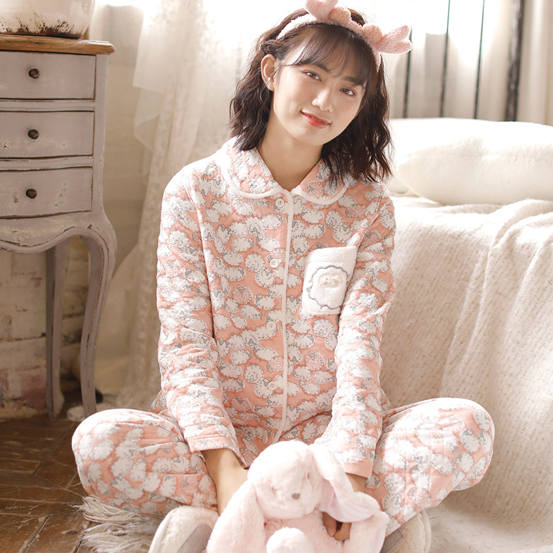 Ideamini睡衣女春秋加厚棉空气棉家居服秋冬加棉保暖夹层翻领夹棉套装韩睡衣