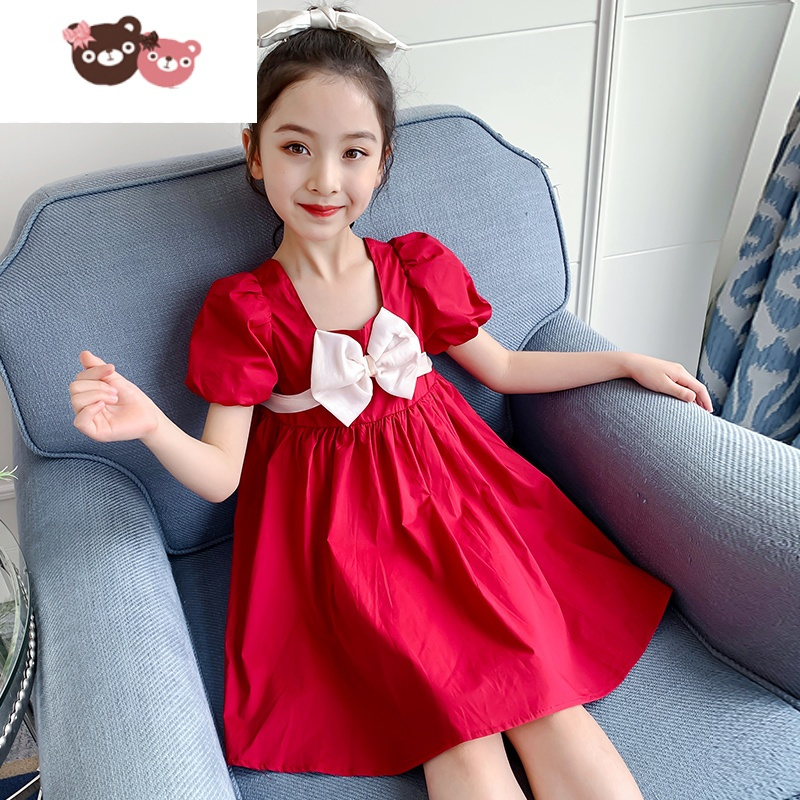 绿彩虹光女童连衣裙夏装2022新款儿童洋气泡泡袖公主裙小女孩夏季红色裙子