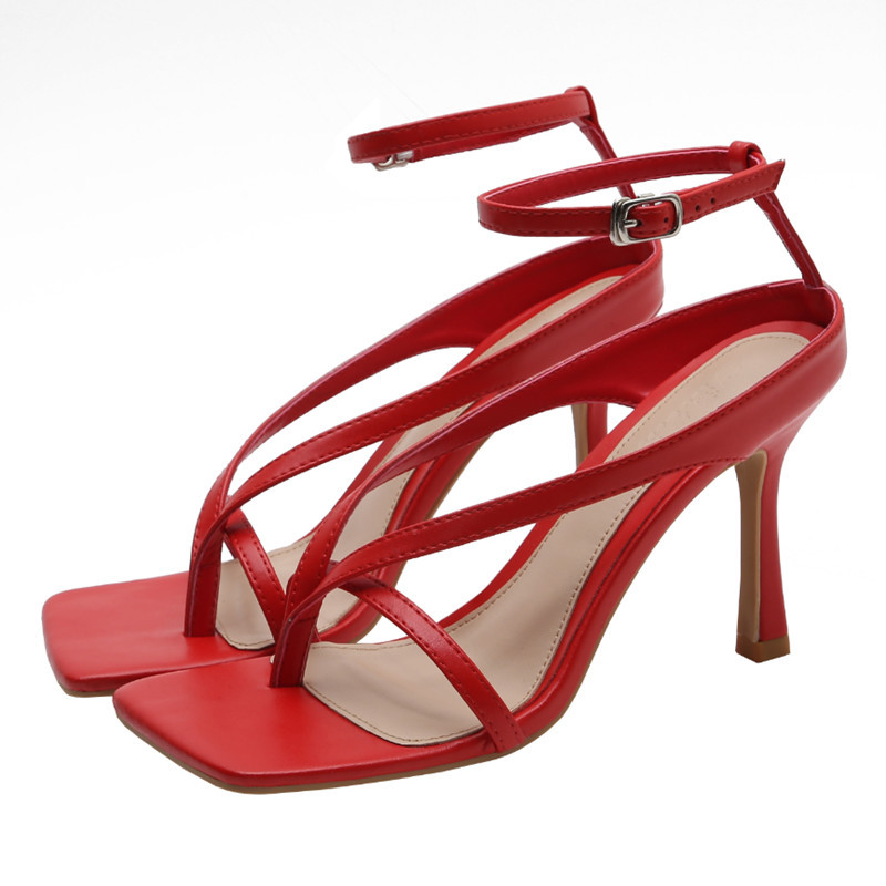 林先森bv2021年新款凉鞋女夏季一字带高跟鞋中细跟方头白色夹趾性感