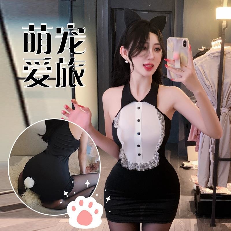 长夜漫漫情趣内衣性感蕾丝猫女郎女仆诱惑纯欲包臀裙制服诱惑1557 黑色+黑网袜 均码(80-140斤)
