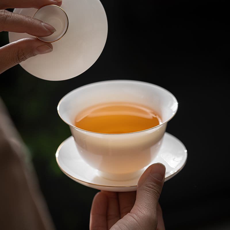 苏氏陶瓷(SUSHI CERAMICS)羊脂玉描金三才盖碗功夫茶具泡茶碗带两杯图片