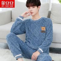 菠萝绒睡衣男秋冬韩版加厚加绒男士珊瑚绒冬天保暖套装长袖家居服_657 2XL码（建议150-170斤） 高档提花菱形-套头午夜蓝小熊【加厚】