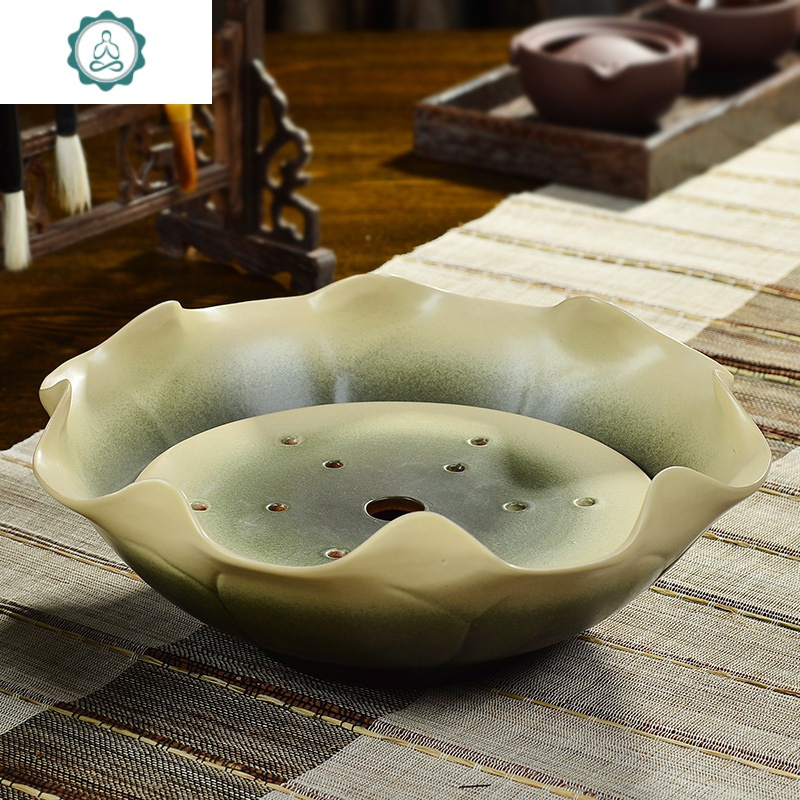 陶瓷茶盘大号陶瓷荷叶盘干泡台圆形托盘茶海茶盘粗陶功夫茶具封后竹青