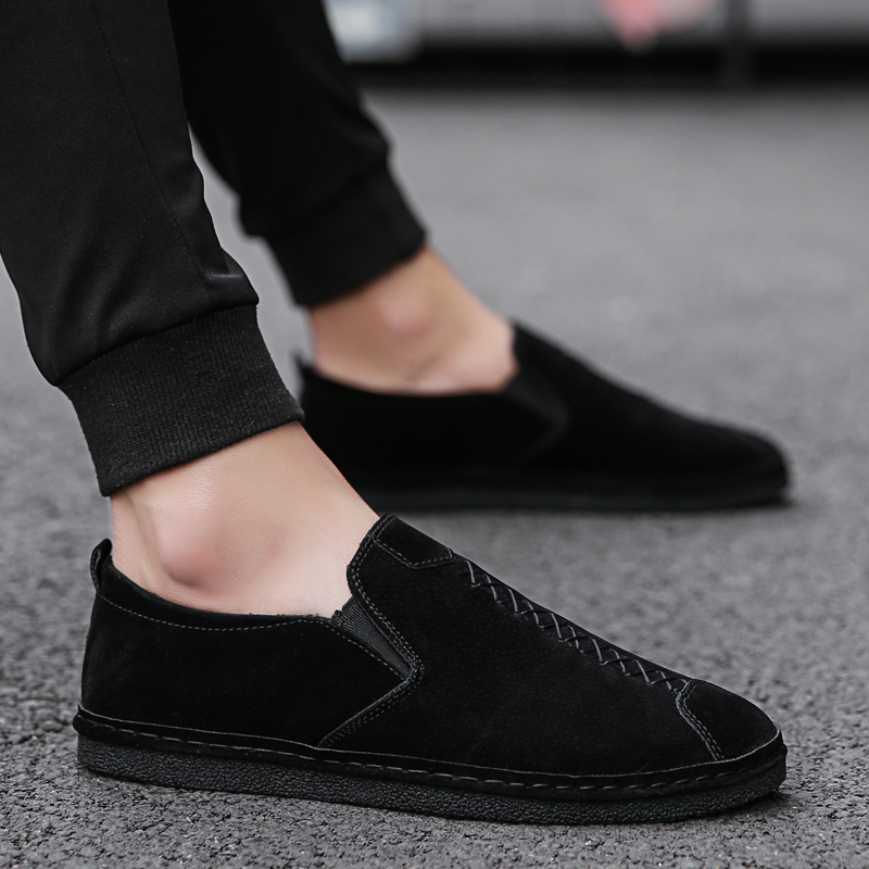 述雅夏季透气全黑帆布鞋男鞋子纯黑色休闲一脚蹬老北京布鞋豆豆懒人鞋