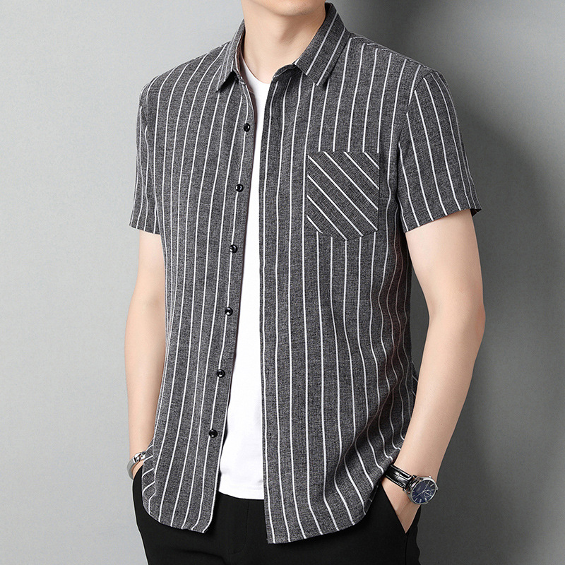 含蚕丝亚麻短袖衬衫男2025夏季新款中年休闲条纹翻领口袋男士衬衣