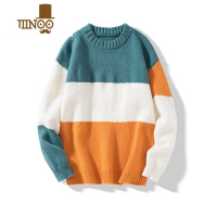 YANXU日系复古拼色条纹圆领毛衣男美式软糯宽松保暖针织情侣毛线衣