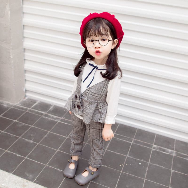 迪鲁奥(DILUAO)儿童套装女 女童套装秋季女童英伦风格子马甲套装三件套女宝宝格子套527-30 棕色图片