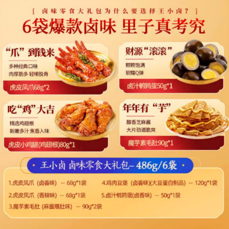 王小卤金礼袋招财手虎皮凤爪鹌鹑蛋魔芋礼袋装即食熟食零食 金礼袋招财手486g高清大图