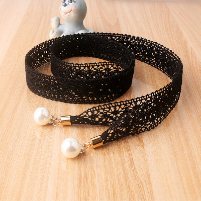 蕾丝腰带女韩版夏季收腰时尚百搭珍珠腰链大码装饰束腰绳连衣裙带黑色