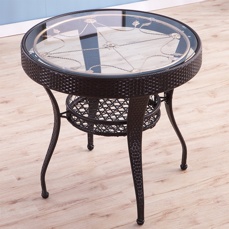 藤椅茶桌简约钢化玻璃小圆桌家用阳台小茶几圆形休闲喝茶闪电客桌椅